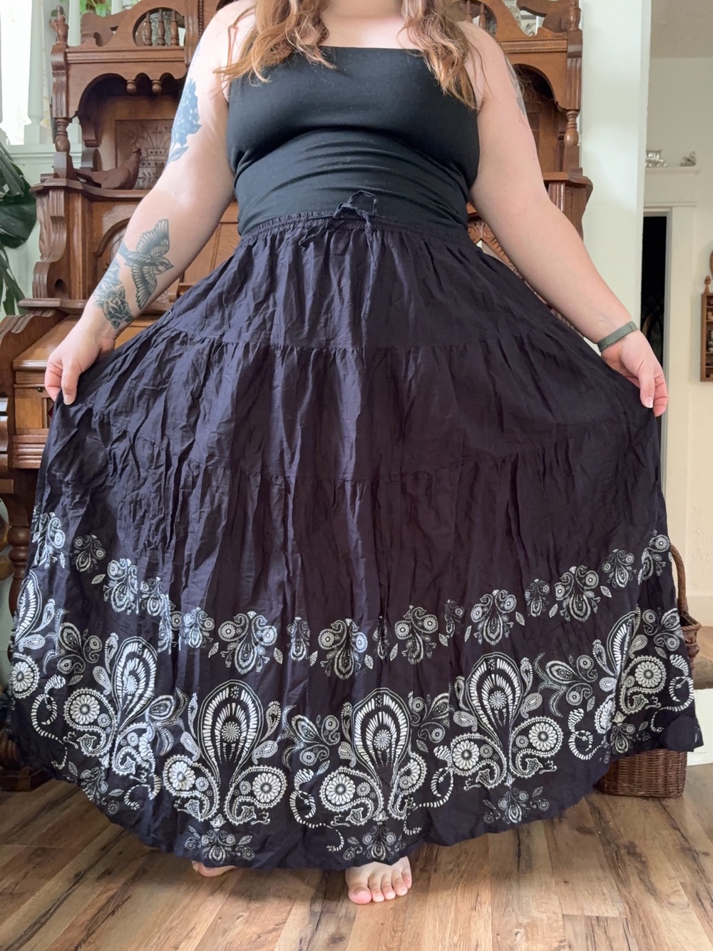 Black Boho Festival Maxi Skirt with White Paisley Border